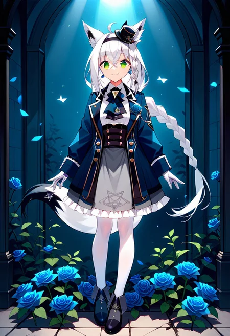 score_9,score_8_up,score_7_up,source_anime, SHIRAKAMI_FUBUKI,1girl,solo,long hair,looking at viewer,smile,bangs,skirt,shirt,gloves,long sleeves,hat,animal ears,hair between eyes,jewelry,green eyes,standing,jacket,tail,full body,white shirt,braid,flower,ahoge,white hair,pantyhose,sidelocks,hairband,earrings,frills,open clothes,collared shirt,virtual youtuber,white gloves,black footwear,open jacket,animal ear fluff,fox ears,ascot,single braid,fox tail,rose,frilled skirt,blue jacket,fox girl,corset,grey skirt,white pantyhose,blue flower,fashion,braided ponytail,mini hat,blue rose,pentagram,blue ascot,