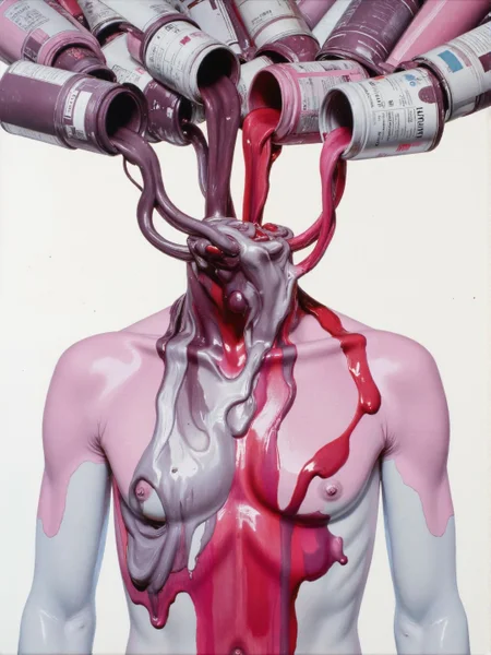 <lora:Vintage_Nudity_60s:0.5> Paint pours out of several paint-cans at the top of the image. The streams of paint swirl around each other and gradually form into a humanoid shape. mauve and poppy-red and silver. a00-a25