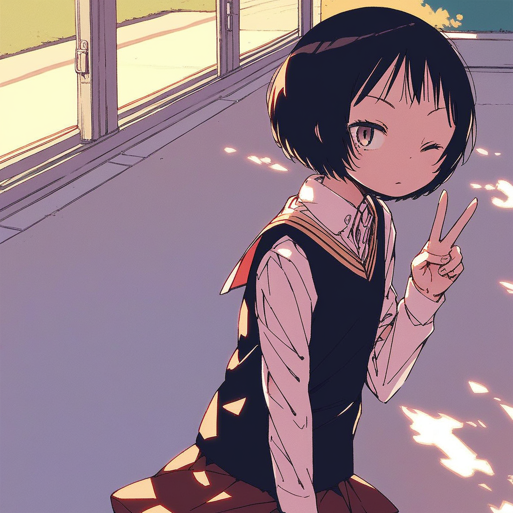 score_9, solo, mitani_mei, short hair, black hair, school uniform, skirt, outdoors, natural lighting, one eye closed, v