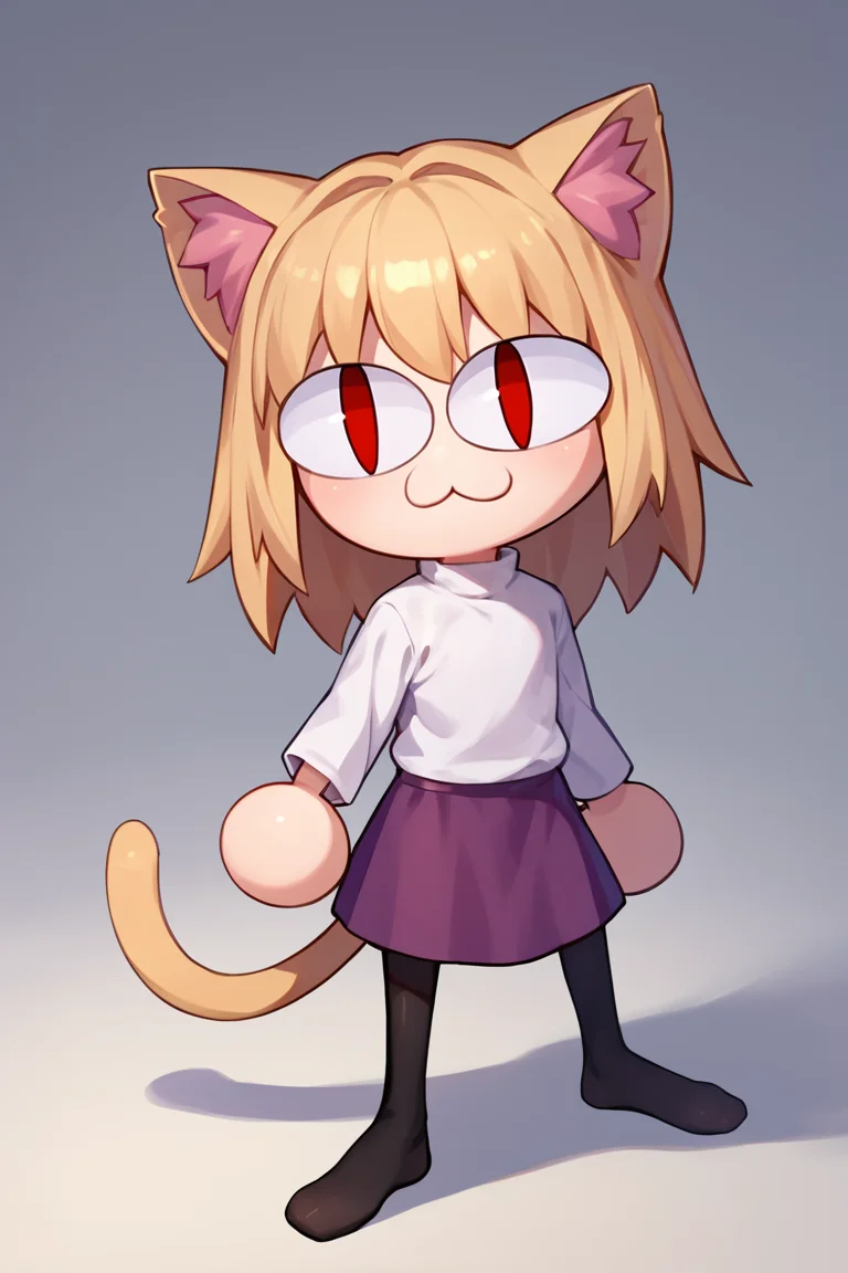 score_9, score_8_up, score_7_up, score_6_up, score_5_up, score_4_up, BREAK, 1girl, solo, <lora:necoarc-guy-PONY-v1:1>, necoarc, lit pupils, cat ears, blonde hair, red eyes, chibi, :3, turtleneck, purple skirt, pantyhose
