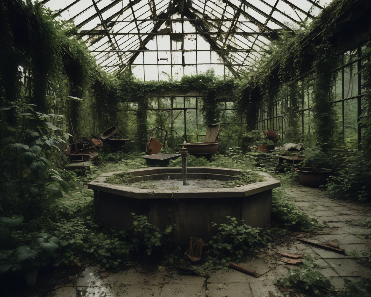 best quality, realistic, vray, hdr, in a post-apocalyptic neglected greenhouse, shattered glass, overgrown plants, rusted tools, dried fountain., by August Sander, <lora:PostApocalypticXL_v1:0.8> SZ_4po enviroment