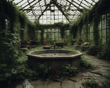 best quality, realistic, vray, hdr, in a post-apocalyptic neglected greenhouse, shattered glass, overgrown plants, rusted tools, dried fountain., by August Sander, <lora:PostApocalypticXL_v1:0.8> SZ_4po enviroment