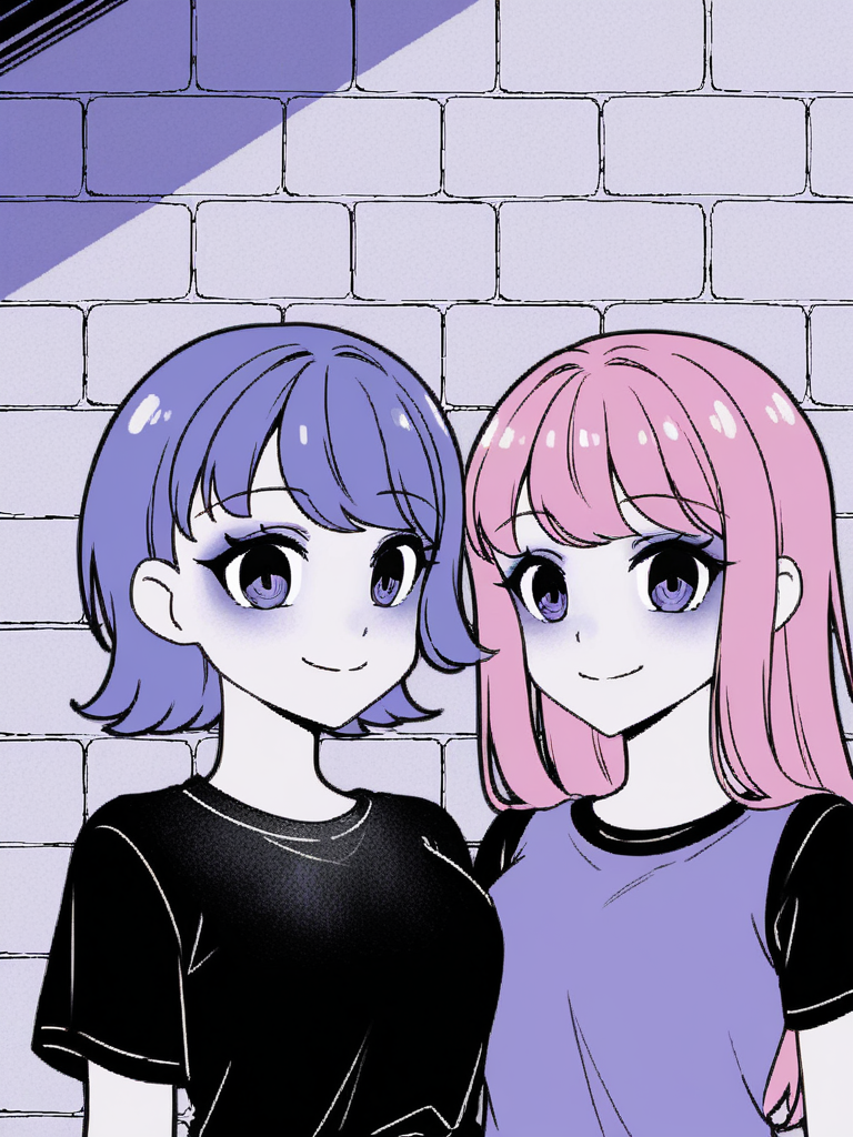 2girls, monochrome, purple theme, 

pink hair, long hair, blue hair, short hair, black t-shirt, purple tank top,
looking at viewer, smile,
brick wall, upper body, 
