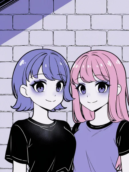 2girls, monochrome, purple theme,
pink hair, long hair, blue hair, short hair, black t-shirt, purple tank top,
looking at viewer, smile,
brick wall, upper body,