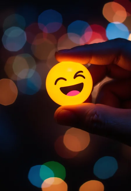 An extreme closeup of an emoji held between two fingers, black emoji bokeh background, vibrant glow,