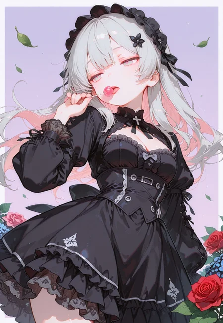 masterpiece, best quality, good quality, newest, highres, absurdres, from below,

pastel cyan eyes, grey hair, multi colored hair, long hair, hair ornament, twintale, 
victorian black maid dress, frilled skirt, half closed eyes, dazed, emotionless, small breasts, cleavage,

1girl, solo, upper body, roses, hand up, licking lollipop, looking to the side, leaf, red roses, black roses, gradient purple background with thick white border,

hydrangea, laced sleeves, Ethereal Brushstroke, Flat vector illustration, rakugakingu, 