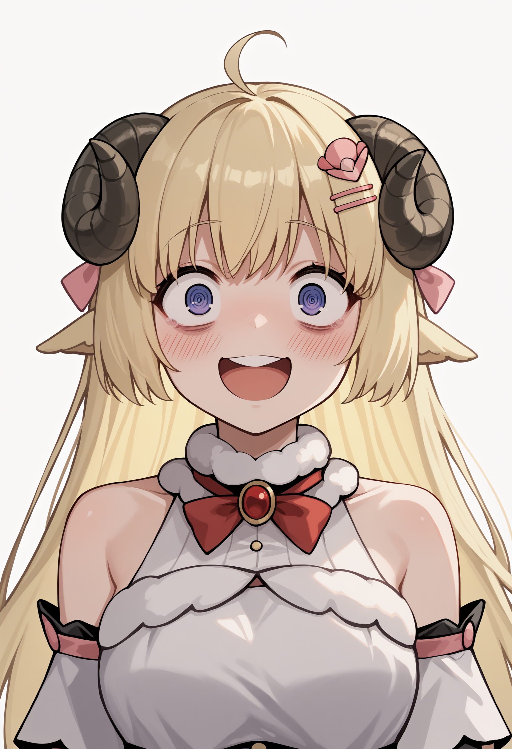 score_9, score_8_up, score_7_up, source_anime, tsdef, blue eyes, purple eyes, horns, sheep horns, sheep ears, ahoge, bangs, blonde hair, long hair, hairclip, hair ornament, bow, brooch, bare shoulders, breasts, constricted pupils, crazy eyes, smile, blush, open mouth, portrait, pov<lora:TsunomakiWatameXL:1>