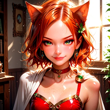 18 years old, 5 ft. tall (165 cm), and weighs 100 lbs. <lora:K1ttenPonyv2:0.6>, Kitten is a woman with long ginger hair, sparkling green eyes, freckles, and many body freckles. She also has ginger cat ears and tail. In her default Magician class, Kitten's outfit consists of a red leotard with a wrap-around garment at the waist that forms a cape, along with a hair ornament, choker, gloves, and boots. She has a closed mouth smirk,
1 girl, cute, (petite), sultry look, seductive, looking at viewer, <lora:DetailedEyes_V3:1>
(closeup:0.8),
<lora:MythP0rtr4itStyle:0.4> mythp0rt,
PonyScores7,
glistening shiny skin, sexy,
naughty, (cleft of Venus:0.7),
epic beautiful lighting, god rays, light beams, volumetric lighting, rim lighting,
masterpiece, beautiful and detailed brightness, (goosebumps:0.5), subsurface scattering, ultra realistic, textured skin, visible skin detail, skin fuzz, cute, <lora:FaeStyle:0.8>