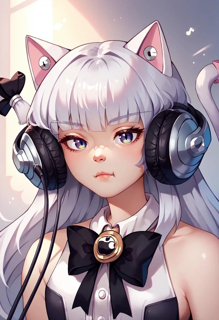 score_9, score_8_up, score_7_up, headphones, animal ears, <lora:HeadphoneCatMeme_pdxl_Incrs_v1:1>, <lora:IPhonechan_PDXL_V3:1> IPhonechan, appleicon, cat tail, tail bow, tail ornament, cat tail, bare shoulders, bowtie