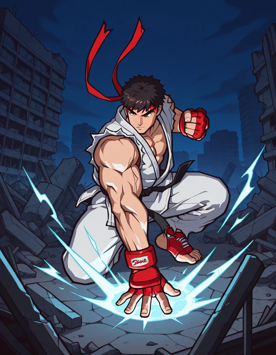 masterpiece, best quality, newest, absurdres, highres, sbstyle, cel shading, solo, 1boy, ryu \(street_fighter\), street fighter, dynamic pose, ruins, city, night, flat color