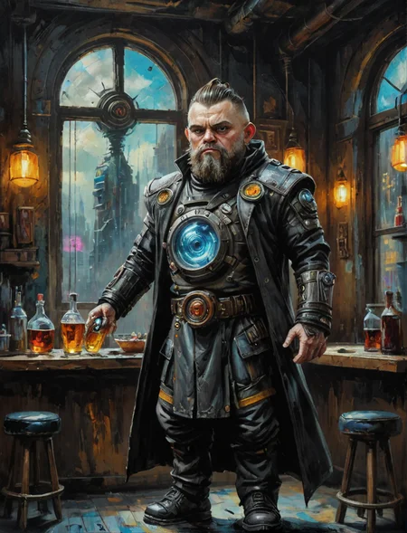 Oil painting of a oil painting of a futuristic dwarf warrior, black shirt, long coat, cyberpunk bar, large window background, hyper realistic, super detailed, Science Fiction, D&D, trending on art station, tb, <lora:ThickBrush:0.5> <lora:drkkaw_epoch_10:0.5>