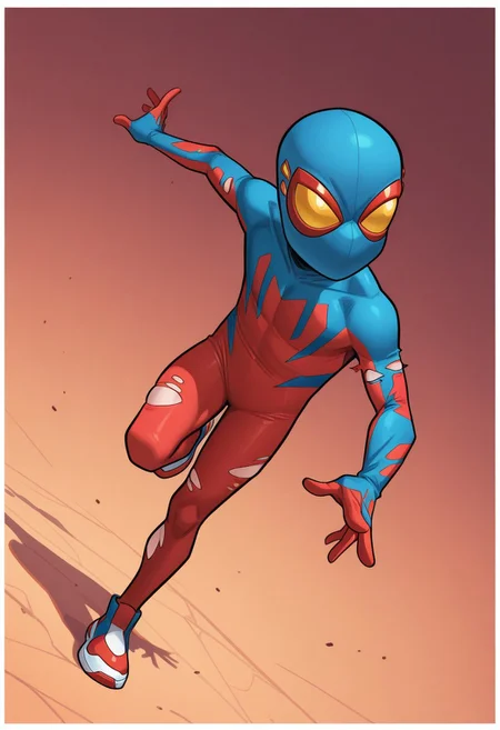 1boy, male focus, cute boy, BaileyBriggs, Mask, Spiderboy Costume, Two-tone Bodysuit, Red Bodysuit, Blue Bodysuit, simple background, graphic border, cinematic, intricately detailed illustration, depth of field, masterpiece, best quality, amazing quality, very aesthetic, absurdres, newest, very awa, shadow, dynamic angle, casual cosplay, dynamic pose,  action pose, torn bodysuit, scrapped skin,