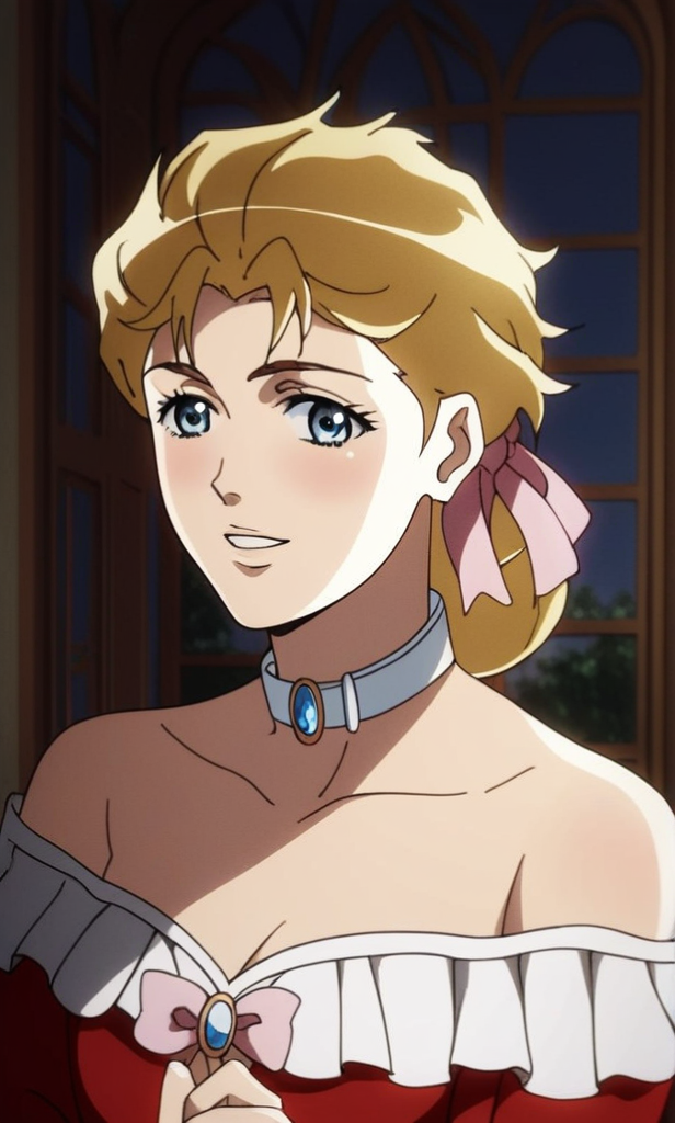 j0j0, score_8_up, score_7_up, source_manga, rating_explicit, <lora:j0j0XLP:0.4>, er1n4a, girl, blonde hair, blue eyes, messy hair, pink ribbons, jewelled choker, happy expression, red dress, ruffles, upper body, in the livingroom of a mansion, sun shines through the window, old 18th century furniture <lora:JoJos_Bizarre_Adventure_Erina_Pendleton_-_Pony:0.8> , (profiles:0.4)
