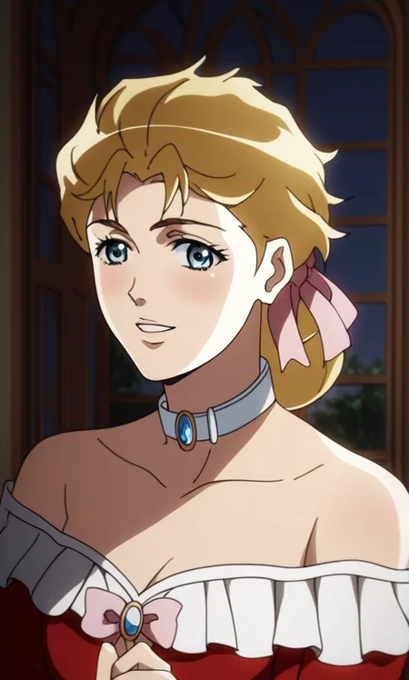 j0j0, score_8_up, score_7_up, source_manga, rating_explicit, <lora:j0j0XLP:0.4>, er1n4a, girl, blonde hair, blue eyes, messy hair, pink ribbons, jewelled choker, happy expression, red dress, ruffles, upper body, in the livingroom of a mansion, sun shines through the window, old 18th century furniture <lora:JoJos_Bizarre_Adventure_Erina_Pendleton_-_Pony:0.8> , (profiles:0.4)