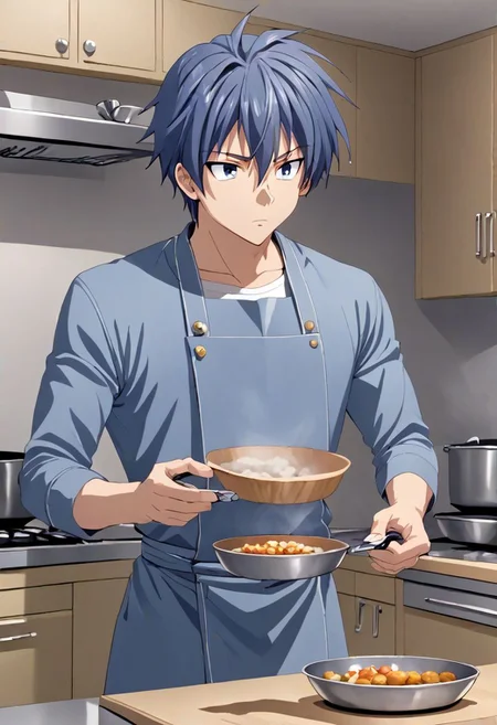 high resolution, solo, best quality, 1Boy, Tomoya Okazaki, Grey Blue Hair, Cooking Dango, OverallDetail