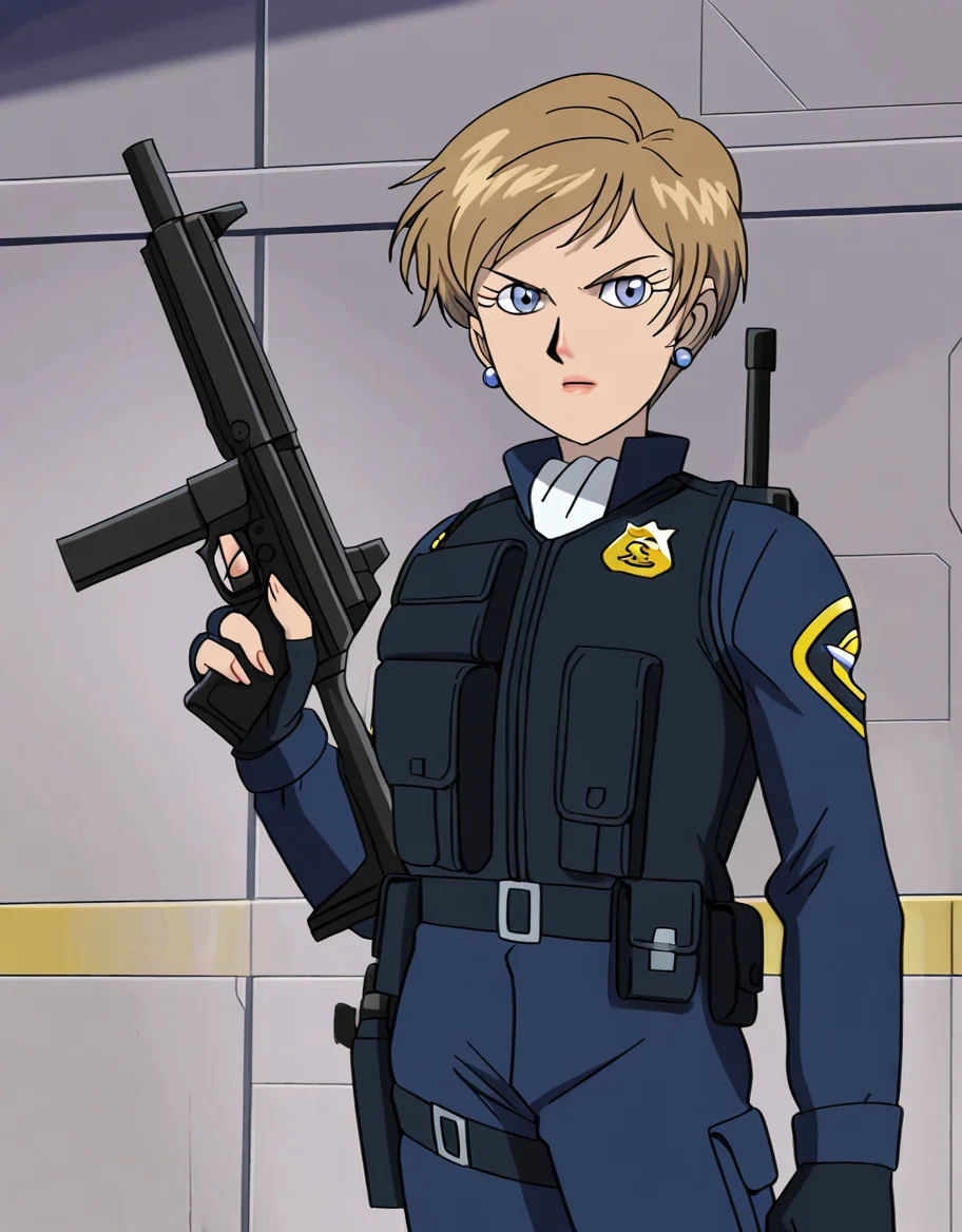 <lora:topaz_illustrious:1>, topazsonicx, 1girl, solo, looking at viewer, blonde hair, gloves, holding, jewelry, weapon, earrings, fingerless gloves, holding weapon, uniform, vest, gun, holding gun, rifle, retro artstyle, holster, trigger discipline, police, police uniform, policewoman, bulletproof vest, brown hair, short hair, blue eyes, lipstick, (masterpiece), (best quality), (ultra-detailed), amazing quality, very aesthetic, illustration, perfect composition, intricate details, absurdres, incredibly absurdres,