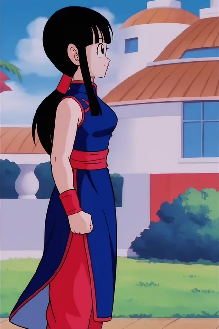 source_anime, score_9, score_8_up, score_7_up, anime screencap, absurdres,
chi-chi, dragon ball \(classic\), classic outfit, 1girl, solo, long hair, breasts, smile, bangs, black hair, bare shoulders, medium breasts, closed mouth, standing, ponytail, sidelocks, outdoors, sky, sleeveless, day, red pants, cloud, blunt bangs, black eyes, from side, tree, blue sky, sash, bare arms, eyelashes, profile, sleeveless dress, feet out of frame, blue dress, looking away, chinese clothes, cloudy sky, light smile, building, red wristband, clenched hand, china dress, clenched hands, arm at side, mountain, arms at sides, bush, world martial arts tournament arena, looking afar, official style
 <lora:chichi_v1:0.8>