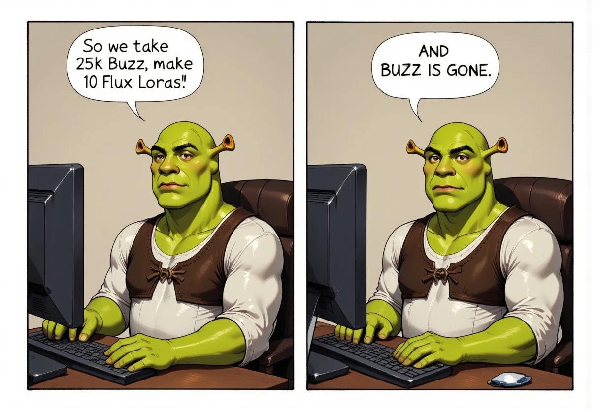 Digital comic book illustration with 2 pannels in PaintedComicstyleV1, On the First Pannel Shrek is sitting next to the computer, typing on the keyboard with speech bubble coming out of his mouth with text "So we take 25k Buzz, make 10 Flux Loras",
And on the second pannel, Shrek is directly looking at viewer still sitting next to the keyboard, speech bubble coming out of his mouth with text "And Buzz is Gone".
