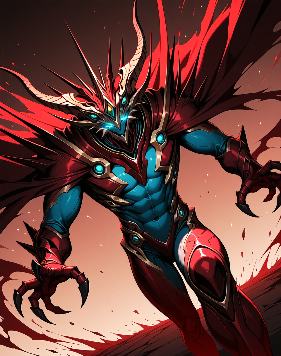 perfect depth of field shot, masterpiece, beautiful, sharp focus, crisp details, 
<lora:Zoalord_(Guyver)_(Illustrious)_(AD):1> Zoalord, Guyver, monster, 
((dynamic action, dynamic perspective, dutch angle, bent knee, cowboy shot, ):1.5), 
((red and blue colored body, wearing a cape, detailed face and eyes, ):1.5), glowing eyes, solo, bioboosted body, biomechanical, end boss, perfect form, perfect proportions, abs, regal and strong, imposing, presence demands respect and deference, gradient style anime coloring,   
BREAK Smooth Quality, IllusP0s, lazyhand, lazympos, lazynsfw,