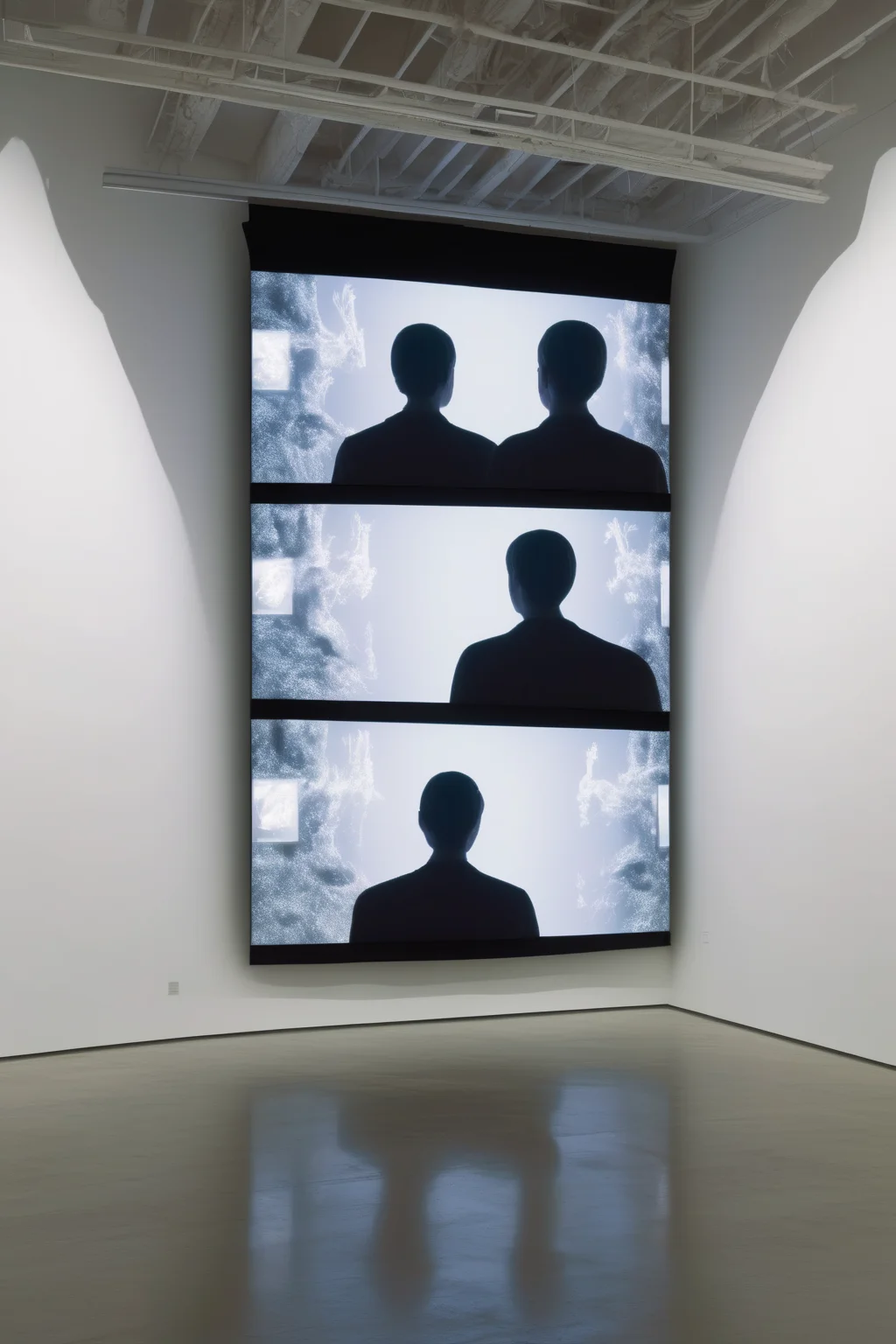 <lora:Video installation:1>Video installation - A highly detailed front view photograph of two adjacent video projection screens attached to a white wall