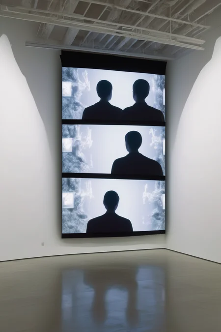 <lora:Video installation:1>Video installation - A highly detailed front view photograph of two adjacent video projection screens attached to a white wall