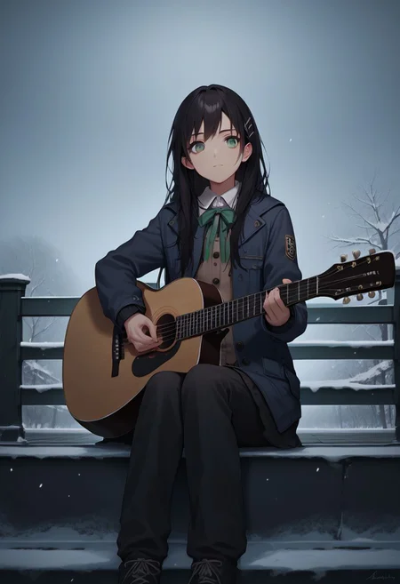 score_9, score_8_up, score_7_up, score_6_up, score_5_up, score_4_up, source_anime, 1girl, animeirl, acoustic_guitar, playing_guitar, holding instrument, guitar, face focus, black hair, long hair, sitting, bridge, pale green eyes, depressed, dark clouds, winter clothes,