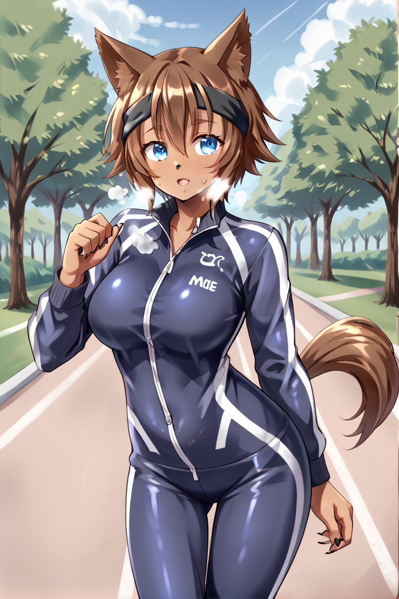 score_9, score_8_up, score_7_up, source anime, rating suggestive, solo, interacting with background, detailed background, detailed body, female, detailed, 5 fingers, park background, in park, three-quarter portrait, tracksuit, heavy breathing, jogging, sweaty, looking at another, headband, 
<lora:detail_eyes:0.4> detail_eyes  <lora:BG2_dpep4+silicon29dim64:2>   <lora:PoltPonyXLLora:0.8> poltcharponyxl, brown hair, short hair, blue eyes, dog ears, dog tail, brown skin,