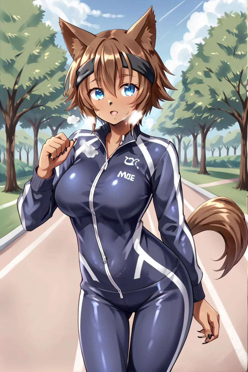 score_9, score_8_up, score_7_up, source anime, rating suggestive, solo, interacting with background, detailed background, detailed body, female, detailed, 5 fingers, park background, in park, three-quarter portrait, tracksuit, heavy breathing, jogging, sweaty, looking at another, headband, 
<lora:detail_eyes:0.4> detail_eyes  <lora:BG2_dpep4+silicon29dim64:2>   <lora:PoltPonyXLLora:0.8> poltcharponyxl, brown hair, short hair, blue eyes, dog ears, dog tail, brown skin,