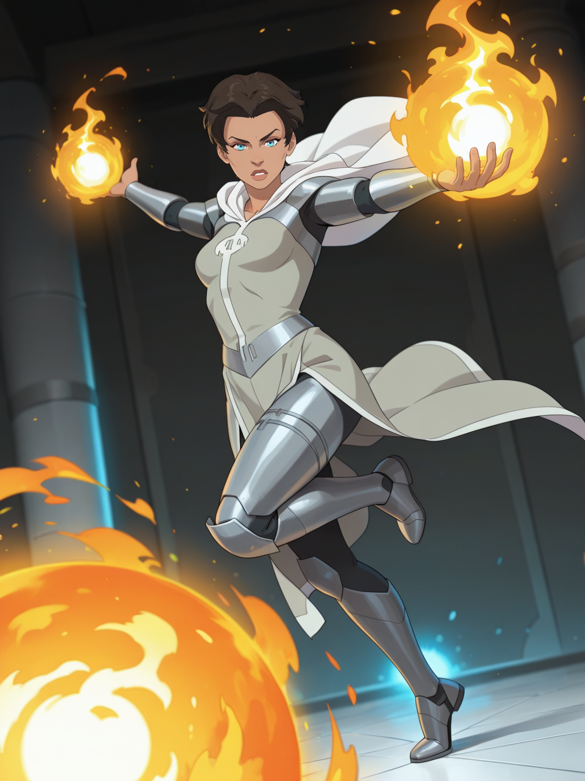 <lora:ViltrumitIL:1> v_um, 1girl, blue eyes, brown short hair,
magic, magic robe, steel armor,glowing liens, fireball, action, full body, glowing background, magic background