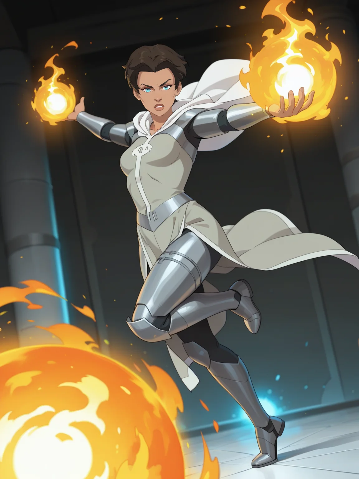 <lora:ViltrumitIL:1> v_um, 1girl, blue eyes, brown short hair,
magic, magic robe, steel armor,glowing liens, fireball, action, full body, glowing background, magic background