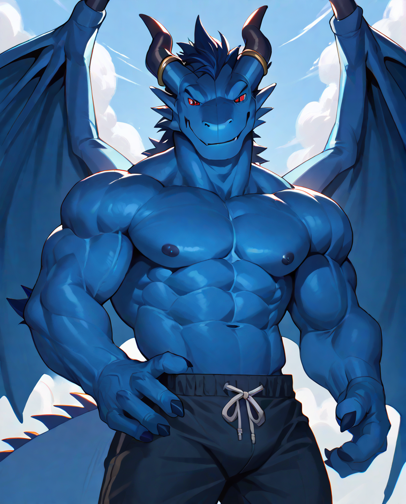 source_furry,score_9,score_8 up,score_7 up,score_6 up,male,anthro,furry,1boy,solo,blue_dragon,dragon,wings,horns,blue body,red eyes,muscles,muscular,bodybuilder,abs,pectorals,biceps,<lora:Blue_Dragon:1>,
