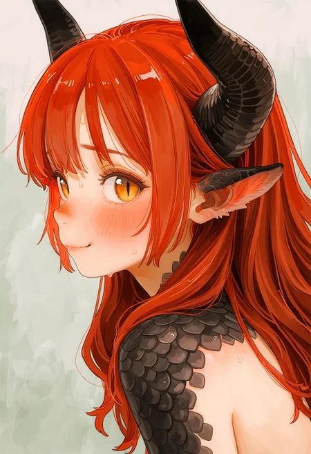 realistic textured painterly ,(by akai sashimi, by oharu-chan)
safe general,
1girl, solo, dragon girl, looking at viewer, shy, blush, averting eyes, sweat, nervous smile, nervous, dragon horns, black scales, cute theme, monster girl, slit pupils, from side, profile,
very awa, best quality, highres, masterpiece,
<lora:nhl-002-19-nai-new:1.0> nhl-002,