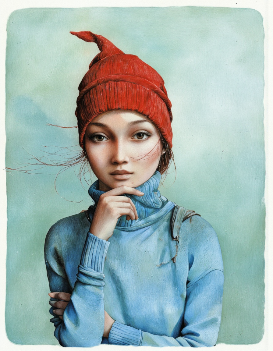 By Rébecca Dautremer. A close-up portrait of a young girl with a thoughtful expression, wearing a red hat and a blue sweater. the girl is positioned in the middle of the image, with her upper body facing the viewer and her eyes looking to the side. she has long, dark hair that falls down her back, and her expression is serene and contemplative. her body is slim, and she appears to be in her early twenties, with light skin and large, expressive black eyes. the background is a soft, pastel-colored gradient of light blue and green, with a subtle texture that adds depth and dimension to the image. the overall style is reminiscent of traditional japanese art, with smooth shading and vibrant colors that bring out the character's features and the texture of her clothing.