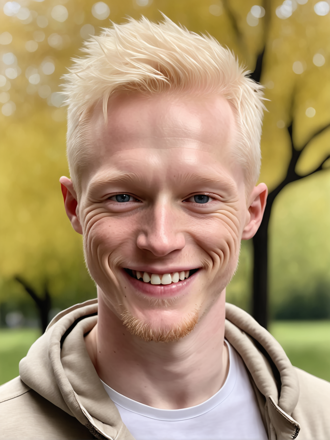 professional photograph, high resolution, 30yo drewsynthxl, portrait, solo, realistic, smile, albino,
face focus, ,
in the park, overcast