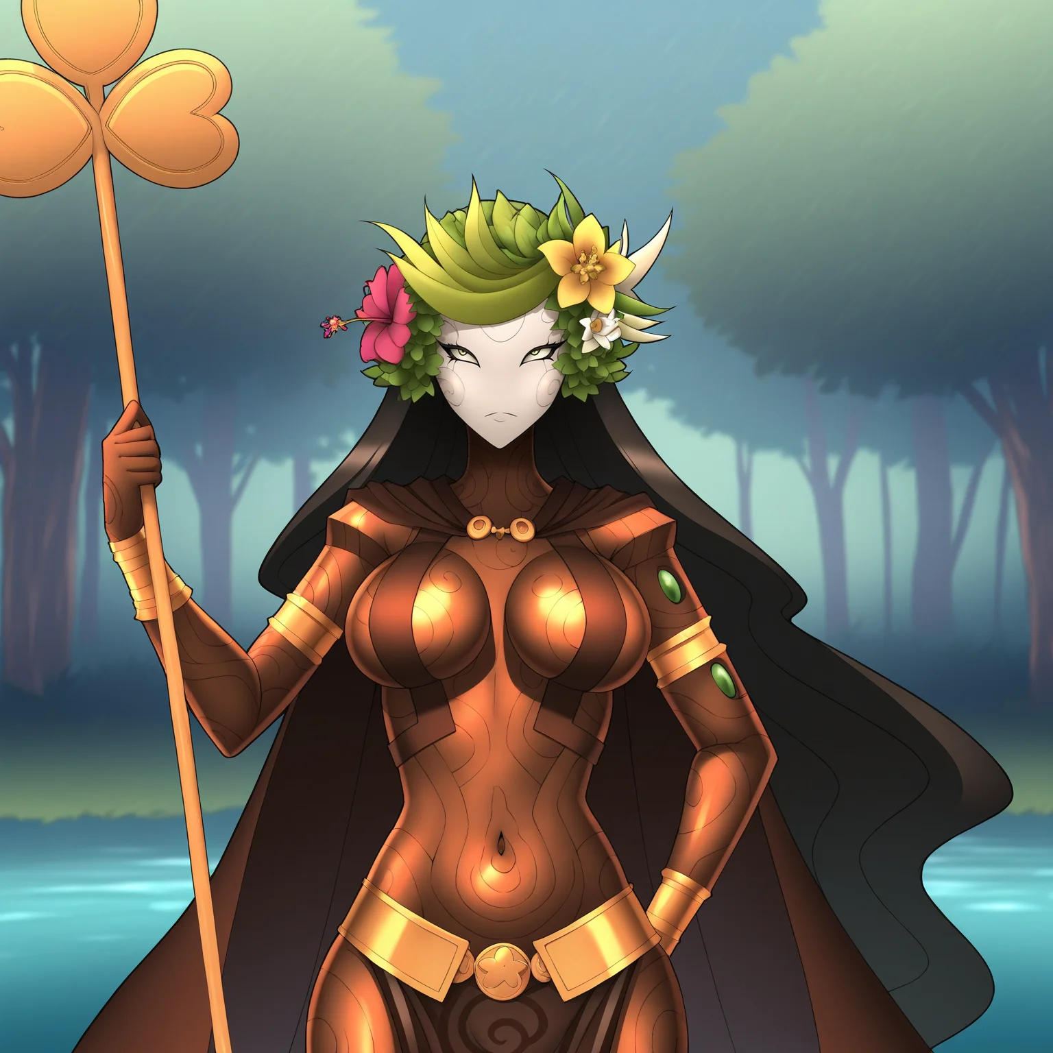 masterpiece, best quality,very aesthetic,absurdres
1girl
<lora:DanuILL2:1> danusmt, long black hair, large breasts, hair ornament, navel, jewelry, green eyes, green hair, hair flower, cape, bracelet, colored skin, bronze skin, monster girl,loincloth, no nose,
forest,trees,greenery,pond, large breasts, cowboy shot, , upper body, motherly,holding staff,serious expression