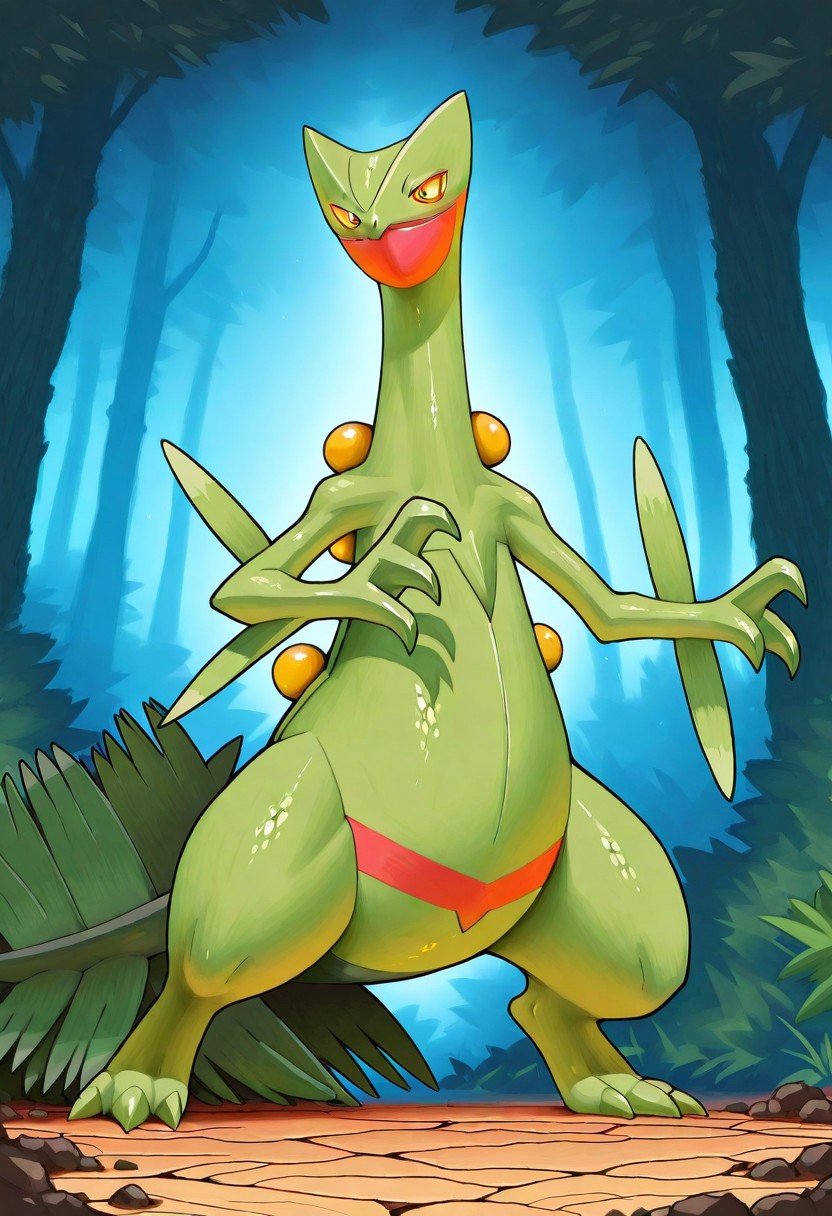 masterpiece, best quality, absurdres, dirtysoda, scalie, reptile, anthro, feral, male,  pokemon, sceptile, solo, 3 toes, forest, sitttng on the floor, solo, plantigrade, claws, yellow sclera, vibrant colors, plantigrade, digital media \(artwork\)