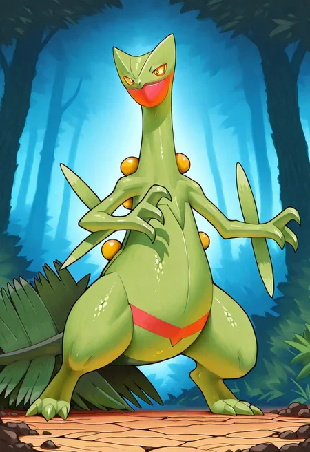 masterpiece, best quality, absurdres, dirtysoda, scalie, reptile, anthro, feral, male, pokemon, sceptile, solo, 3 toes, forest, sitttng on the floor, solo, plantigrade, claws, yellow sclera, vibrant colors, plantigrade, digital media \(artwork\)
