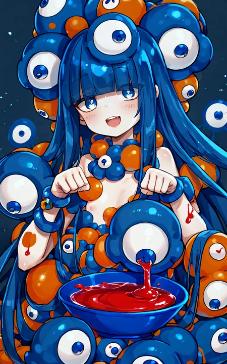 <lora:sdxl-ob-myakumyaku-pony:0.8>, obmyakumyakuchan, monster girl, colored skin, extra eyes, blue eyes, 1girl, kid , bright indigo eyes odd eyes , bright blond hair, very long hair , bowl cut hair, hair over eyes, covered eyes, blunt bangs, heart-shaped_lock, head_tilt , small beasts , skindentation, (paw pose:1.2), open mouth, teeth,