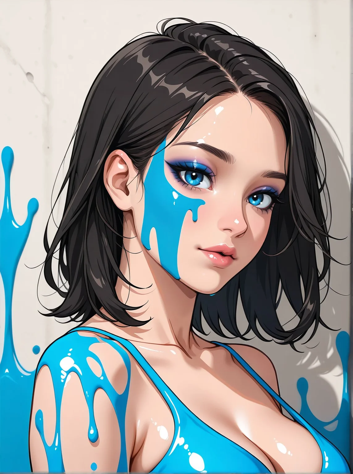woman, looking at viewer, eyeliner, eyeshadow, painted wall, seductive, flirtatious, upper body, cleavage, liquid paint, painted face, upper body, liquid outfit, runny colored liquid, semi side view,, <lora:Woomy_1_IL:0.6> black hair, blue eyes, medium hair,