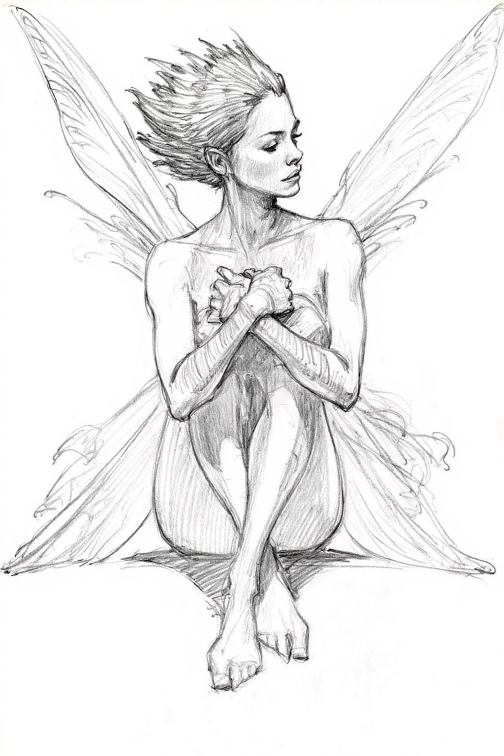 Pencil sketch.
A young fairy sitting on the ground with legs folded. Her hands are folded over her knees. She has delicate wings and spiky hair. <lora:iainmccaig1_cap_d8a4e12:1.0><lora:864332691154157516:0>
