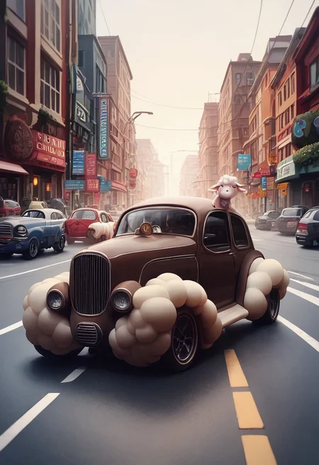 zPDXL3, latex sheep, sheep, hooligan, villain, looking at viewer, wrap around sunglasses, driving an old and battered car in a city, brown car, leaning out the window.