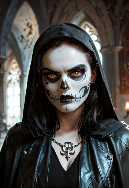 score_9, score_8_up, score_7_up, (SUBJECT), depth of field, highly detailed, high contrast, film grain, Rim Lighting,hand, looking to viewer,
hand, SKULLF4C3XL, skull tattoo, facial_tattoo, skeleton makeup, skull facepaint, woman, , black hair, pout, Grim, Grim Reaper, Dark, Fantasy, Death, leather habit, leather cape, collar,
