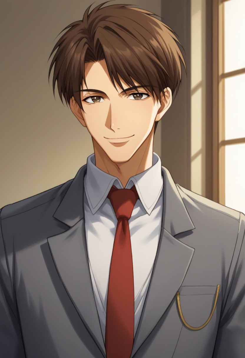 score_9, score_8_up, score_7_up, source_anime, highly detailed, 
conradweller, 1boy, male focus, solo, brown hair, brown eyes, shirt, smile, looking at viewer,
white shirt, collared shirt, upper body, necktie, red necktie, formal, jacket, grey jacket, belt,
indoor,