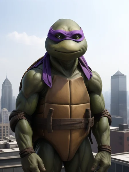 full body shot, TMNTDonatello, a teenage mutant ninja turtle, wearing purple bandana mask with eye-holes, standing on a city rooftop during the day, skyscrapers and rooftops and day sky in the background, <lora:TMNT_Turtles_AIO_SDXL-000009:1>