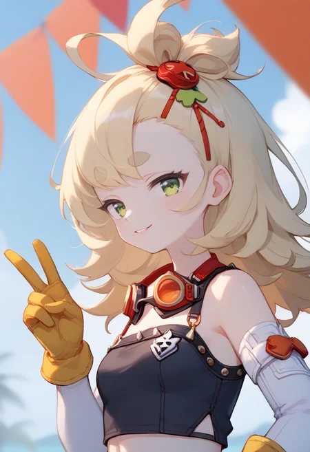 score_9,score_8_up,score_7_up,score_6_up,
<lora:Zero_paipai_pony>,Zero_paipai,1girl,solo,portrait,green eyes,thick eyebrows,short eyebrows,looking at viewer,black vest,bare shoulders,white elbow gloves,goggles around neck,long hair,blonde hair,yellow gloves,hair ornament,bangs pinned back,navel,closed mouth,bangs,small breasts,midriff,v,
naughty_face,;d,simple_background,