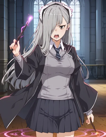 score_9, score_8_up, score_7_up, source_anime, high res image, masterpiece, best quality, BREAK
1girl, solo, blurry background, cowboy shot,
<lora:horn-danmachi_s5-anime-soralz:1>, horn (danmachi s5), long hair, grey hair, maid headdress, hair over one eye, black eyes, earrings,
<lora:hogwarts-school-uniform-ponyxl-lora-nochekaiser:1.2> hogwarts school uniform, black robe, holding wand, wand, necktie, striped necktie, collared shirt, sweater, (pleated skirt:1.3), grey sweater, open mouth, casting spell, energy, magic circle, glowing, indoors, castle, shouting, angry,