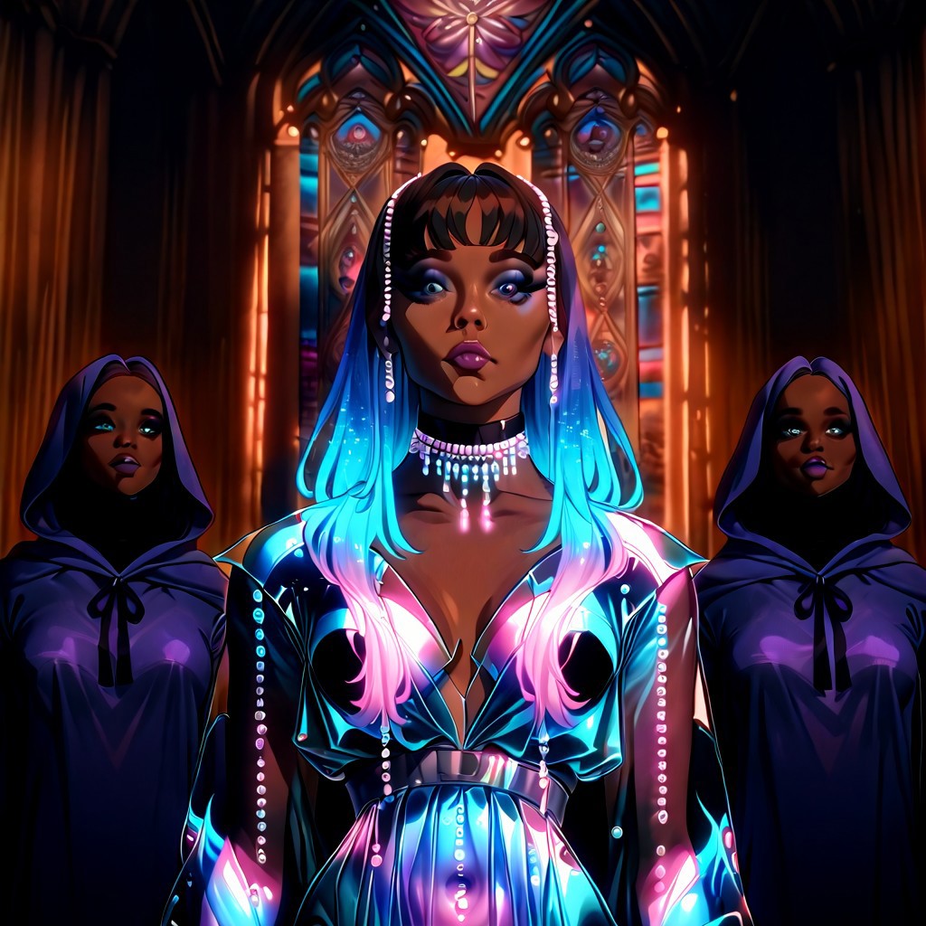 Realistic art, cinematic art, Bioluminescence translucent bodies. Everyone is wearing shattered glass Bioluminescence translucent Pearl transparent Neon robes, 32k. The ten are having a meeting with others citizens that look the woman but different colors. 5 men and 5 women bioluminescence translucent. Model Aitubo Waifu v2 Style None LoRA SDXL Dragon Style Image Dimension 832 x 1216 Masterpiece, hyper realistic, full view, they are a bioluminescence translucent cathedral the same color as the woman robes, bioluminescent translucent pearl neon hair,