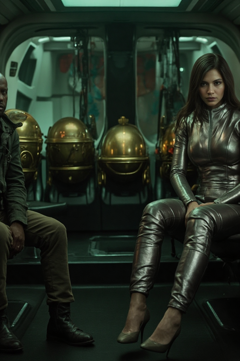 A photo of a futuristic transport vehicle's interior. There's a woman in a metallic outfit sitting on the right, a man in an earth-toned outfit on the left, and three large, spherical, gold-colored helmets or visors attached to the seats behind them. The ambiance is dimly lit with a greenish hue.