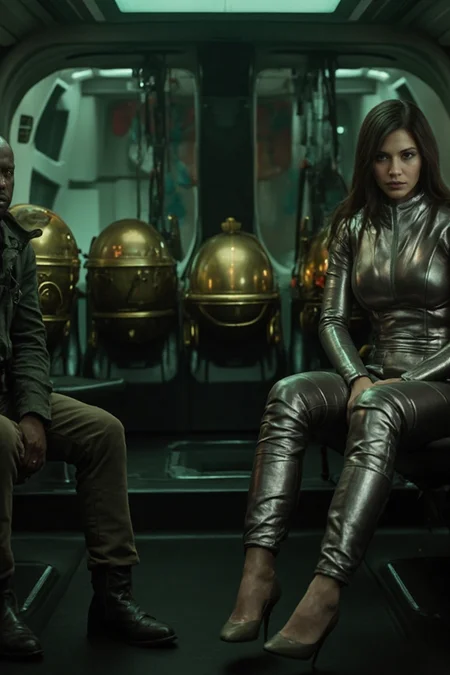 A photo of a futuristic transport vehicle's interior. There's a woman in a metallic outfit sitting on the right, a man in an earth-toned outfit on the left, and three large, spherical, gold-colored helmets or visors attached to the seats behind them. The ambiance is dimly lit with a greenish hue.