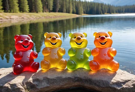 a photo of a several smiling gummy bears, sunbathing near a lake, laughing and splashing water.